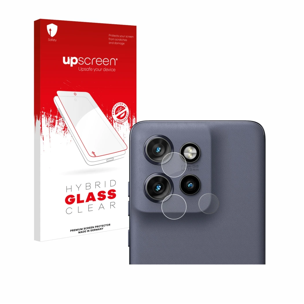 Vorderseite einer Produktverpackung mit dem Markenlogo upscreen. Daneben ist das Gerät Motorola Edge 50 Neo (NUR Kameraschutz)