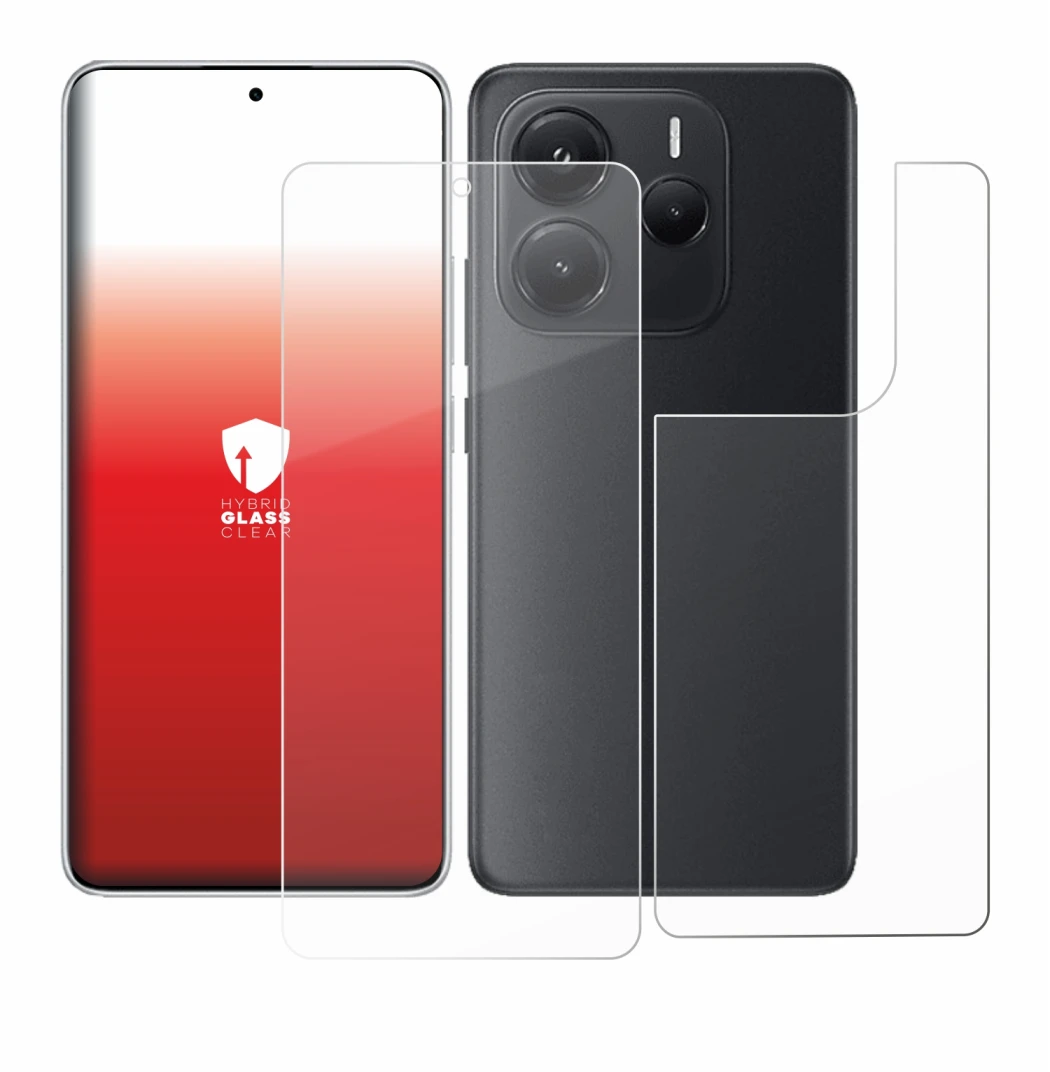 Abbildung des Geräts Xiaomi Redmi Note 14 (Display+Rückseite) mit einer Vielzahl des Displayschutzes.