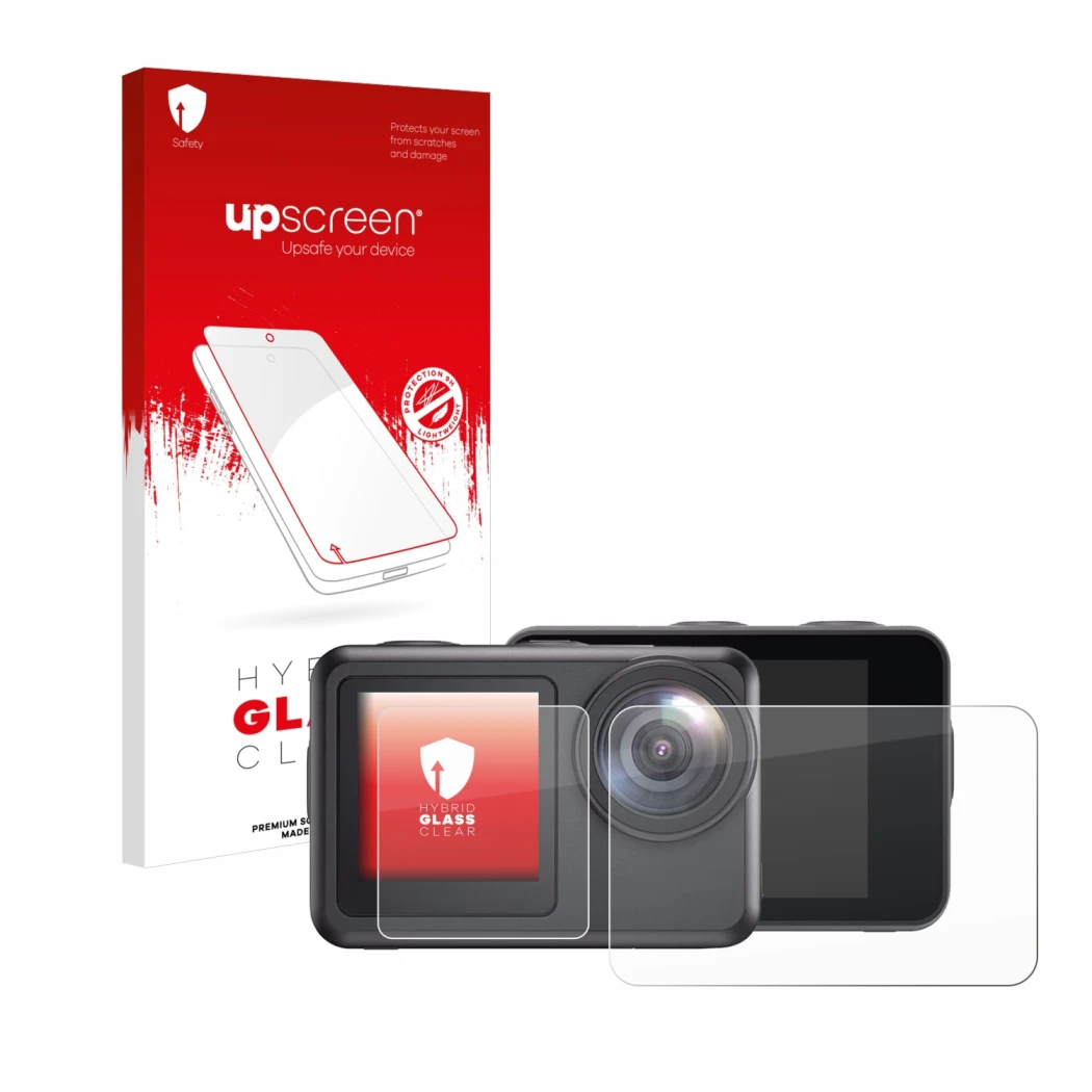 Vorderseite einer Produktverpackung mit dem Markenlogo upscreen. Daneben ist das Gerät Akaso Brave 7 LE mit dem zugehörigen Di