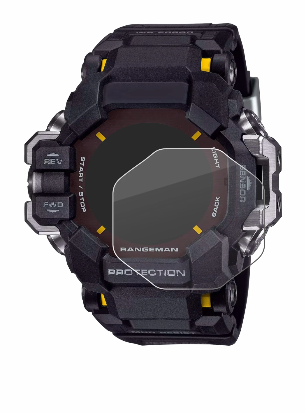 Abbildung des Geräts Casio G-Shock GPR-H 1000 mit einer Vielzahl des Displayschutzes.