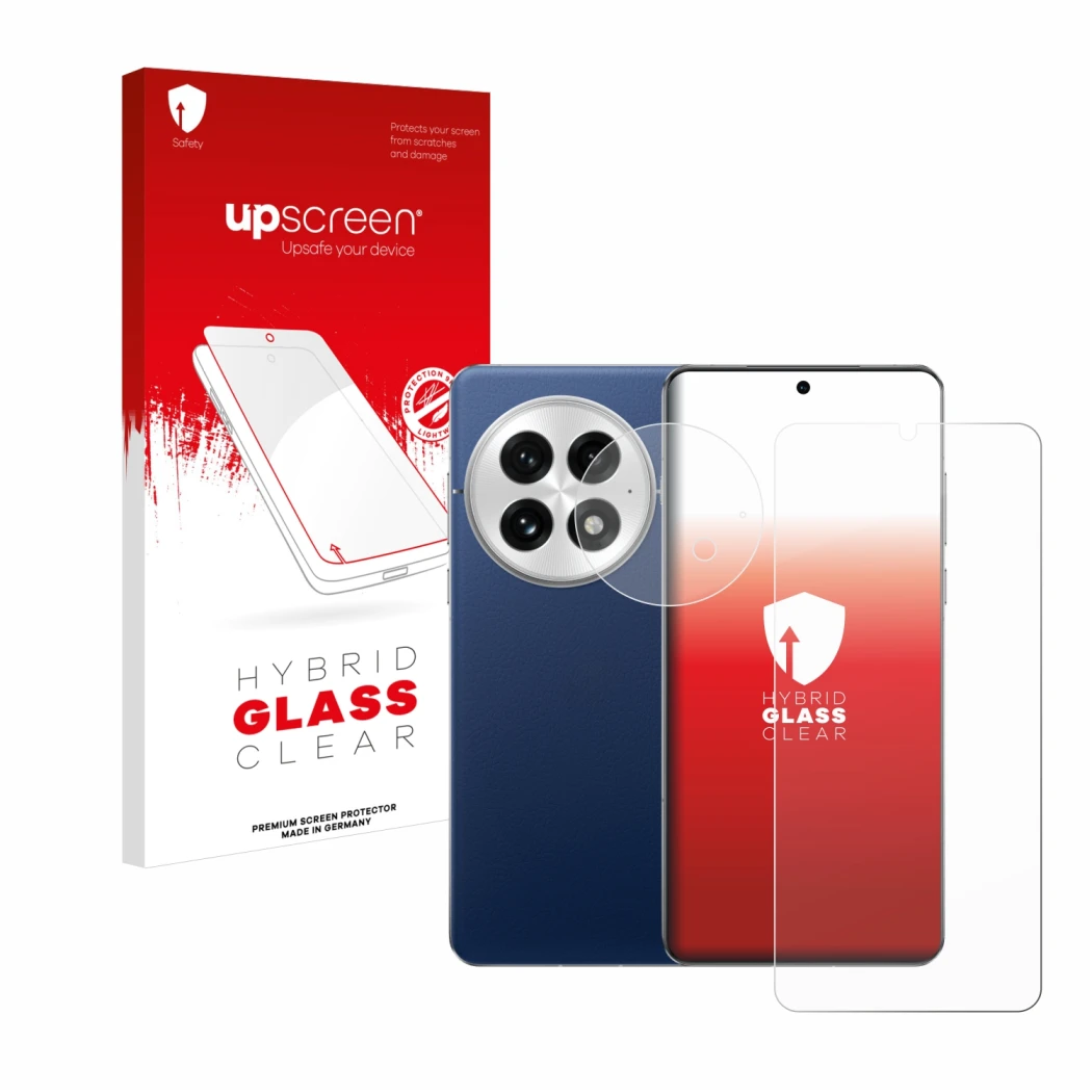 Vorderseite einer Produktverpackung mit dem Markenlogo upscreen. Daneben ist das Gerät OnePlus 13 (Display+Kamera) mit dem zug