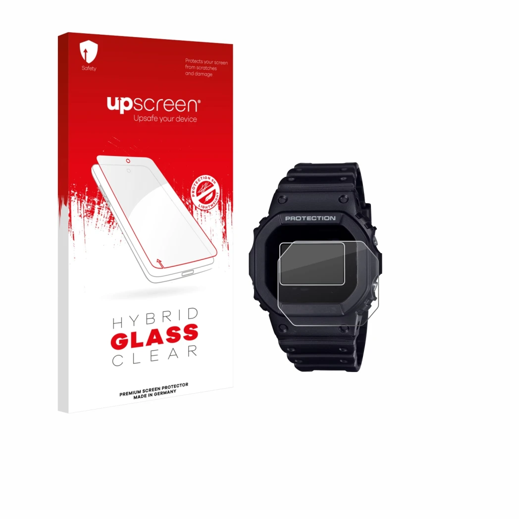 Vorderseite einer Produktverpackung mit dem Markenlogo upscreen. Daneben ist das Gerät Casio G-Shock DW-5600RL-1 mit dem zugeh