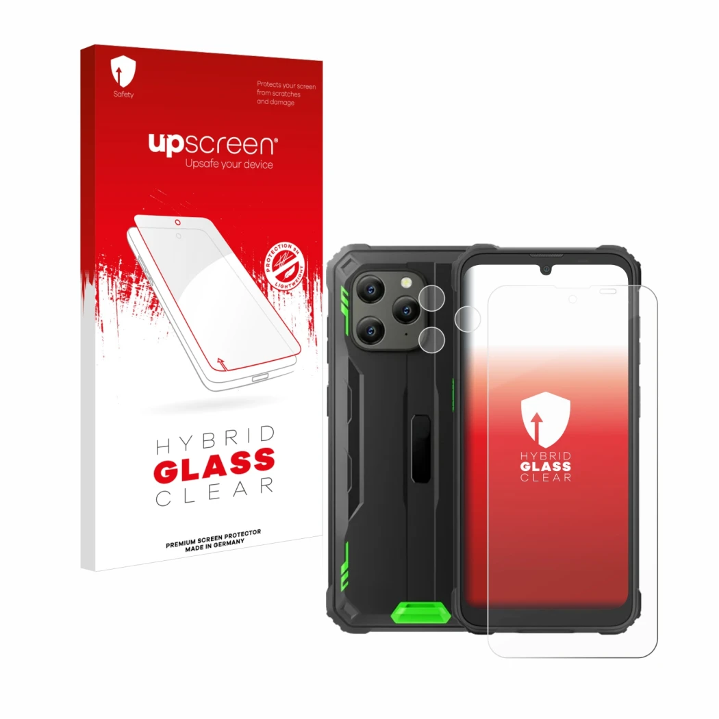 Vorderseite einer Produktverpackung mit dem Markenlogo upscreen. Daneben ist das Gerät Blackview BV5300 Plus (Display+Kamera)