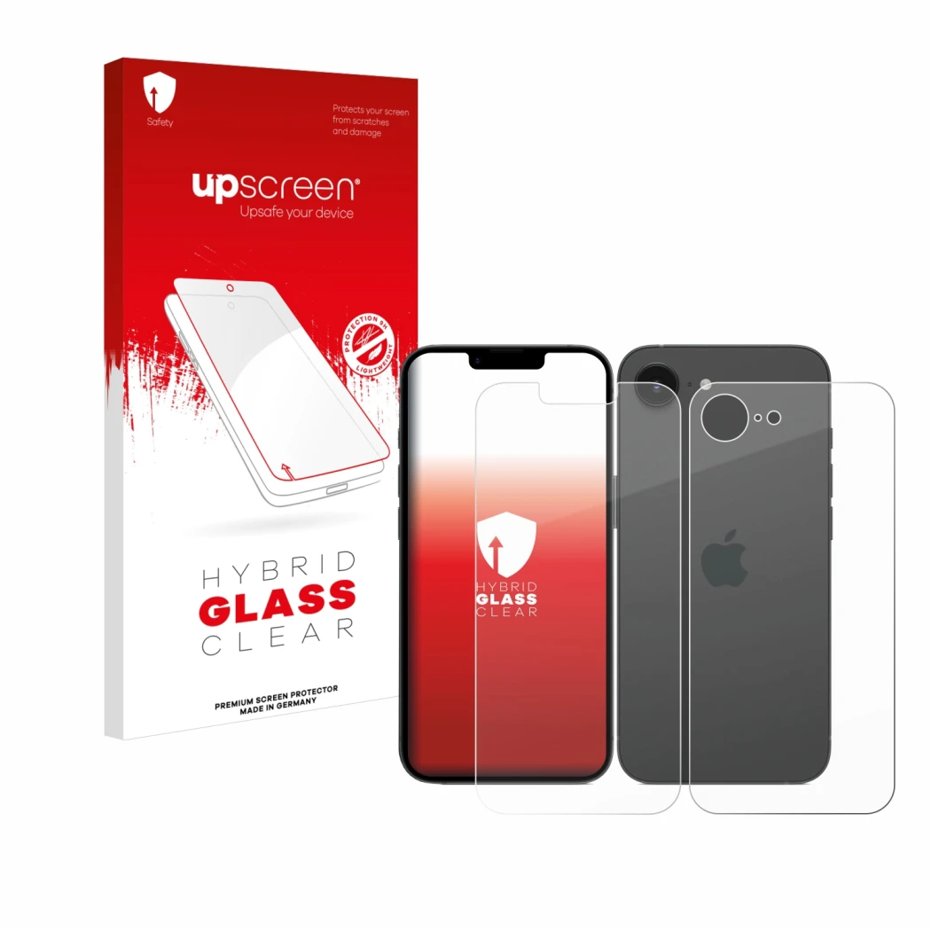 Vorderseite einer Produktverpackung mit dem Markenlogo upscreen. Daneben ist das Gerät Apple iPhone 16e (Display+Rückseite) mi