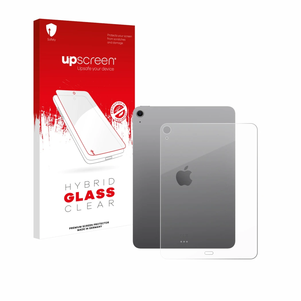 Vorderseite einer Produktverpackung mit dem Markenlogo upscreen. Daneben ist das Gerät Apple iPad Air 11