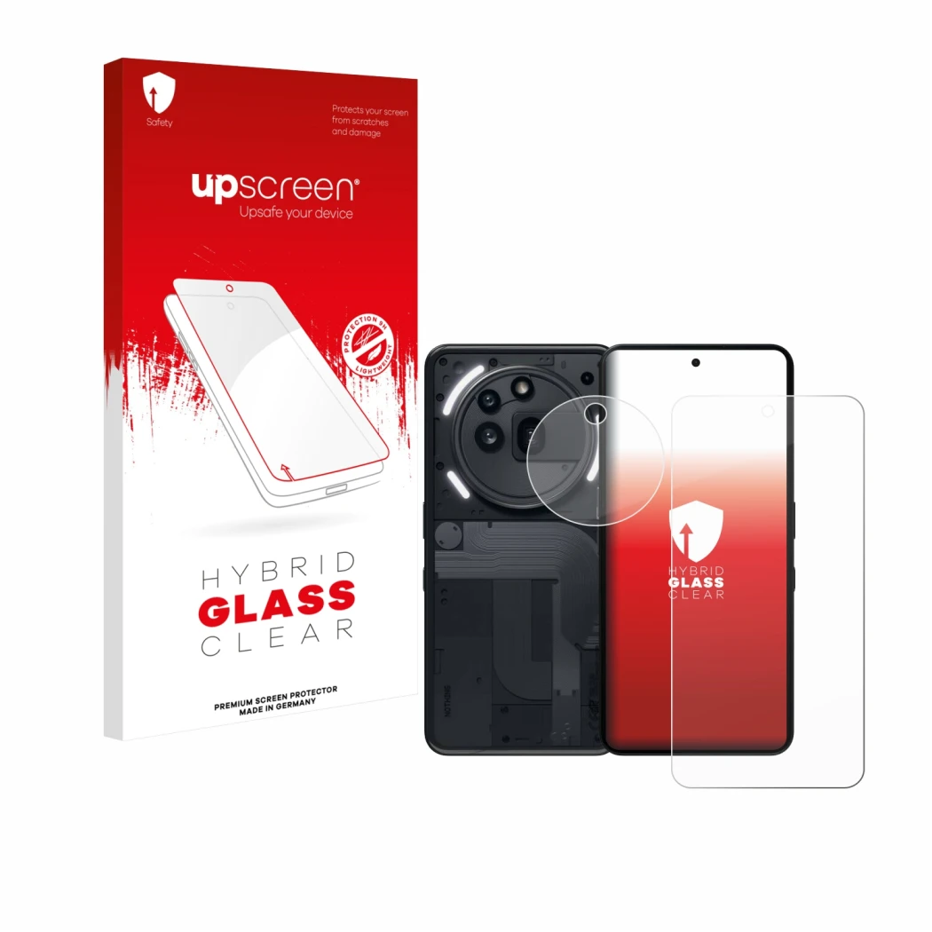 Vorderseite einer Produktverpackung mit dem Markenlogo upscreen. Daneben ist das Gerät Nothing Phone (3a) Pro (Display+Kamera)