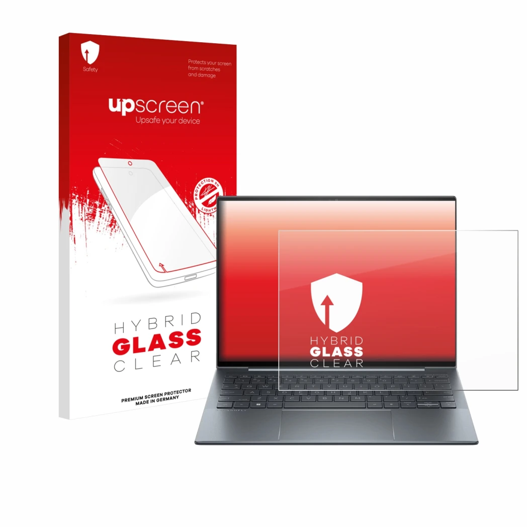 Vorderseite einer Produktverpackung mit dem Markenlogo upscreen. Daneben ist das Gerät HP Dragonfly 13.5