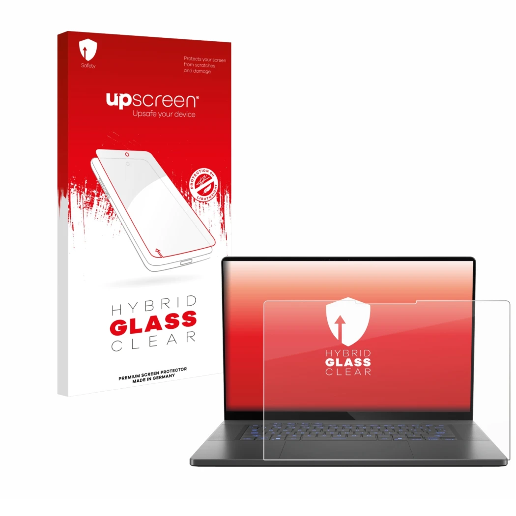 Vorderseite einer Produktverpackung mit dem Markenlogo upscreen. Daneben ist das Gerät ASUS ROG Zephyrus G16 2025 mit dem zuge