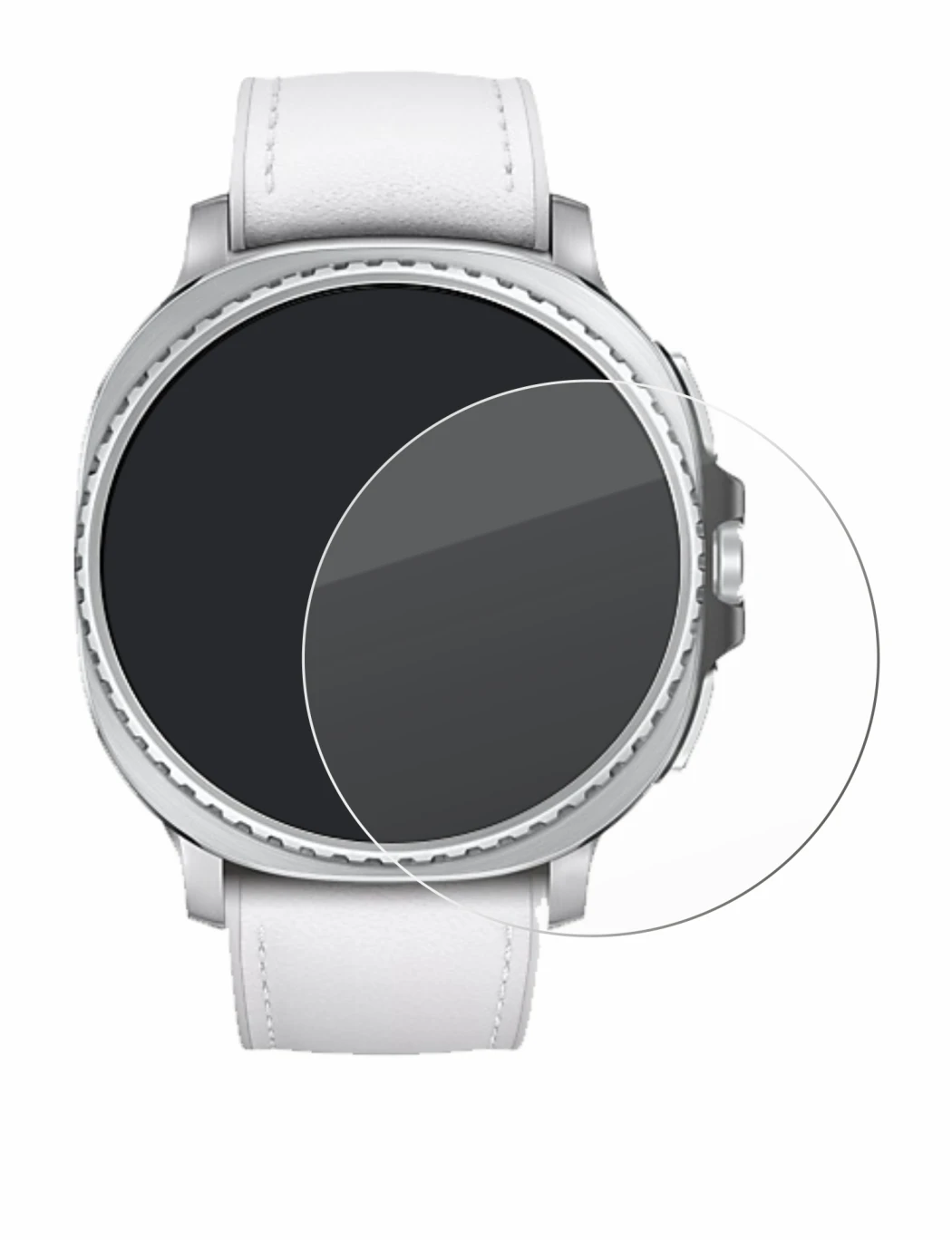 Abbildung des Geräts Samsung Galaxy Watch 8 Classic (46 mm) mit einer Vielzahl des Displayschutzes.