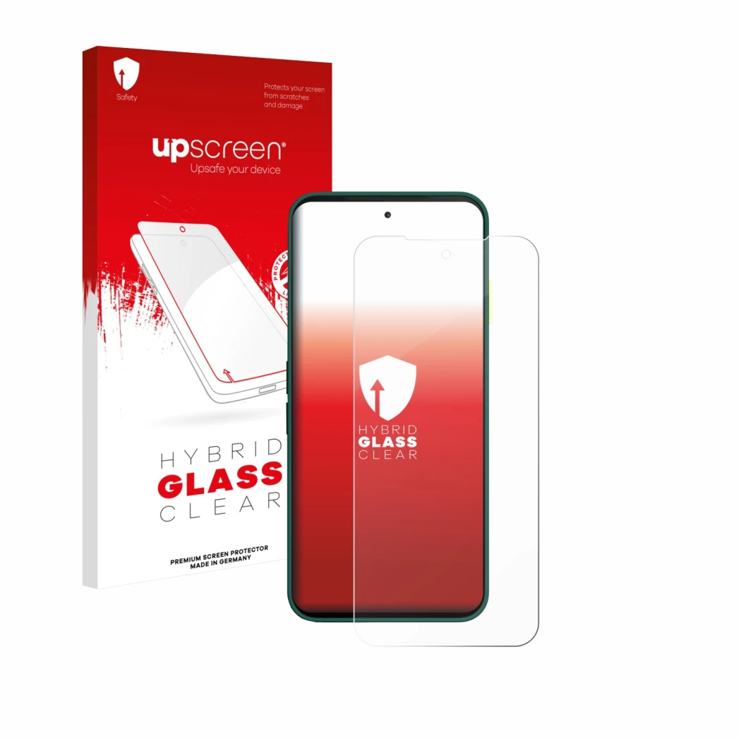 Vorderseite einer Produktverpackung mit dem Markenlogo upscreen. Daneben ist das Gerät Fairphone 6 mit dem zugehörigen Display