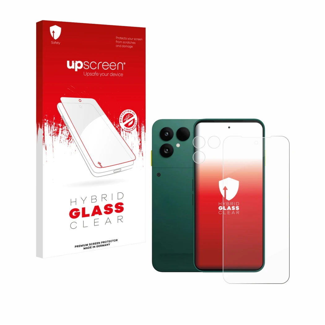 Vorderseite einer Produktverpackung mit dem Markenlogo upscreen. Daneben ist das Gerät Fairphone 6 (Display+Kamera) mit dem zu