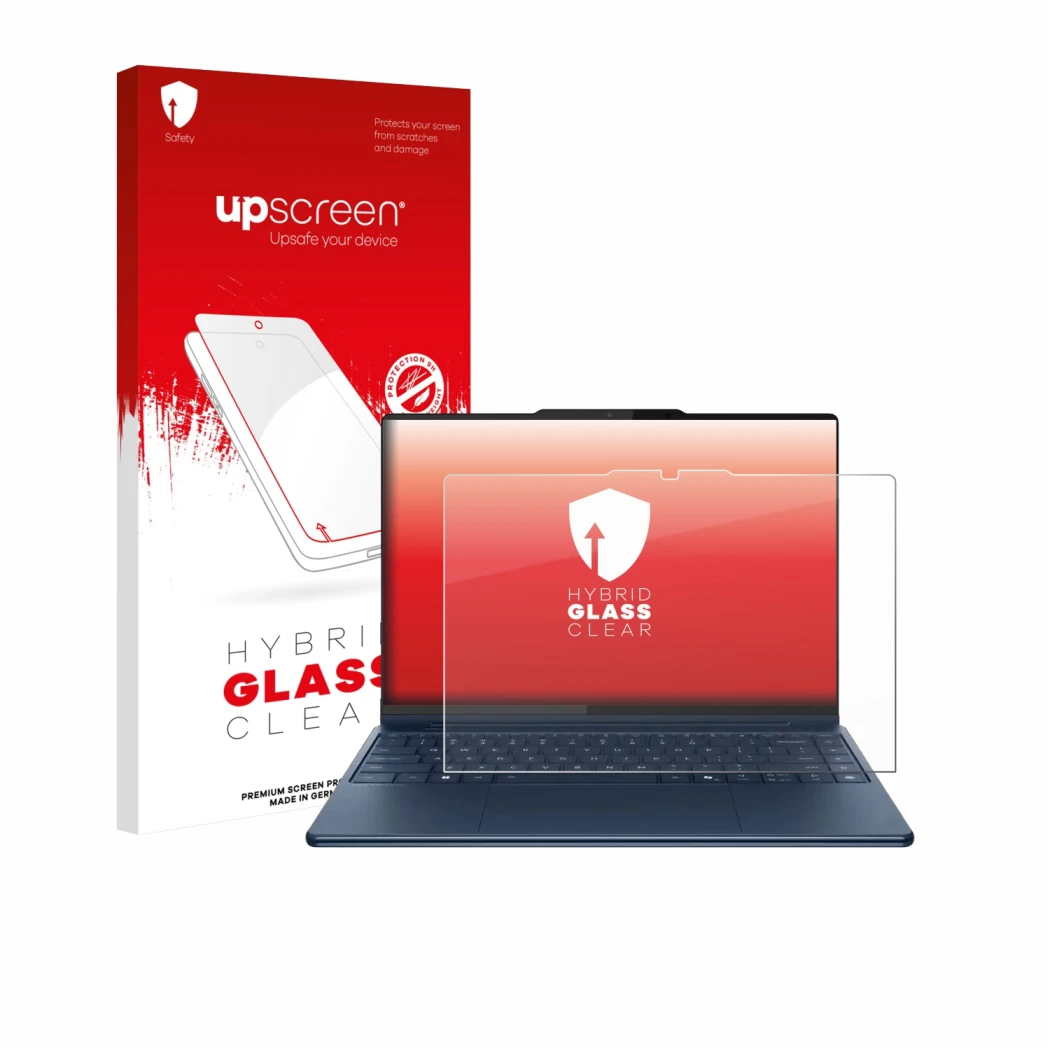 Vorderseite einer Produktverpackung mit dem Markenlogo upscreen. Daneben ist das Gerät Lenovo Yoga Pro 9i Gen 10 Aura Edition 