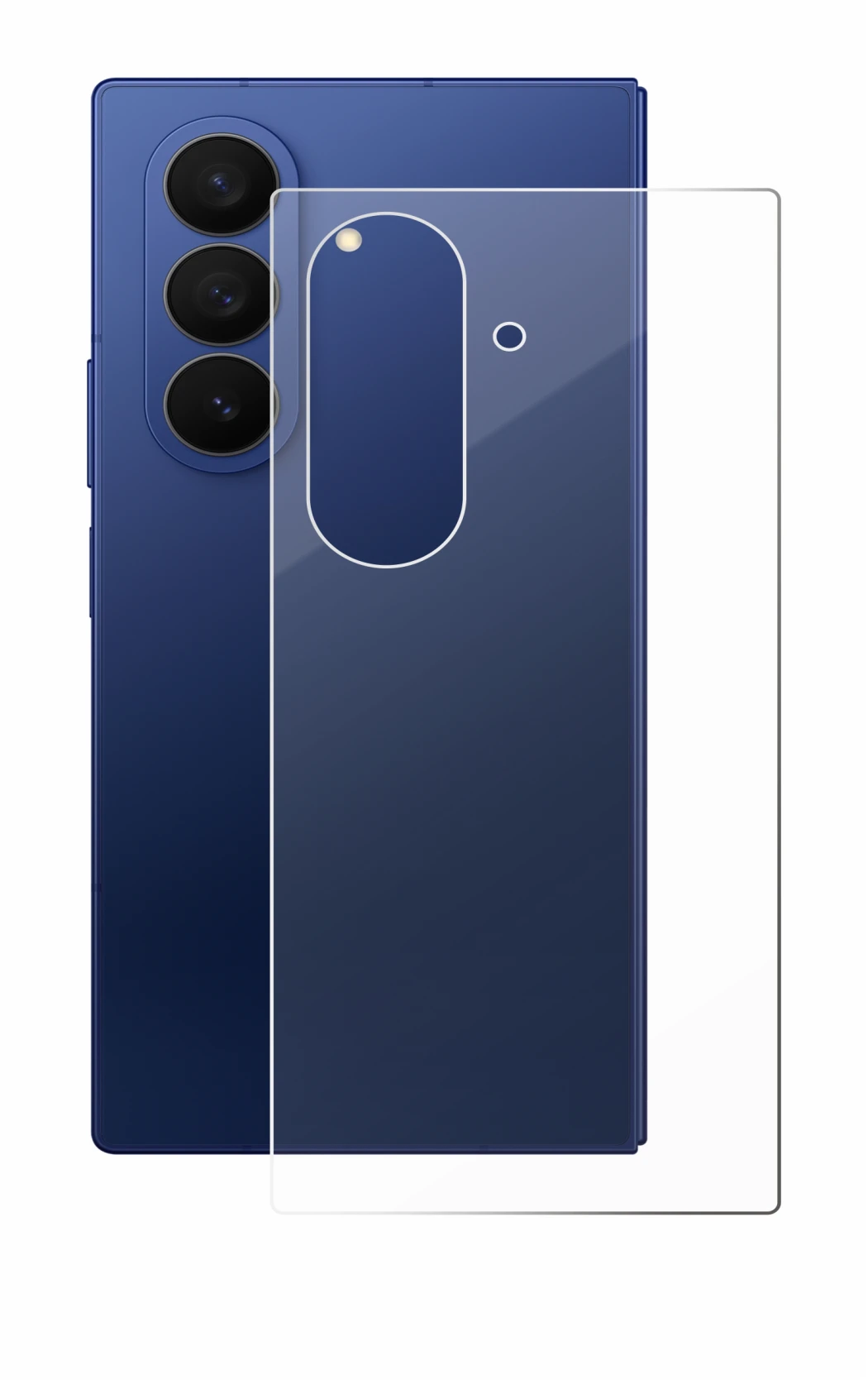 Abbildung des Geräts Samsung Galaxy Z Fold 7 (Rückseite) mit einer Vielzahl des Displayschutzes.