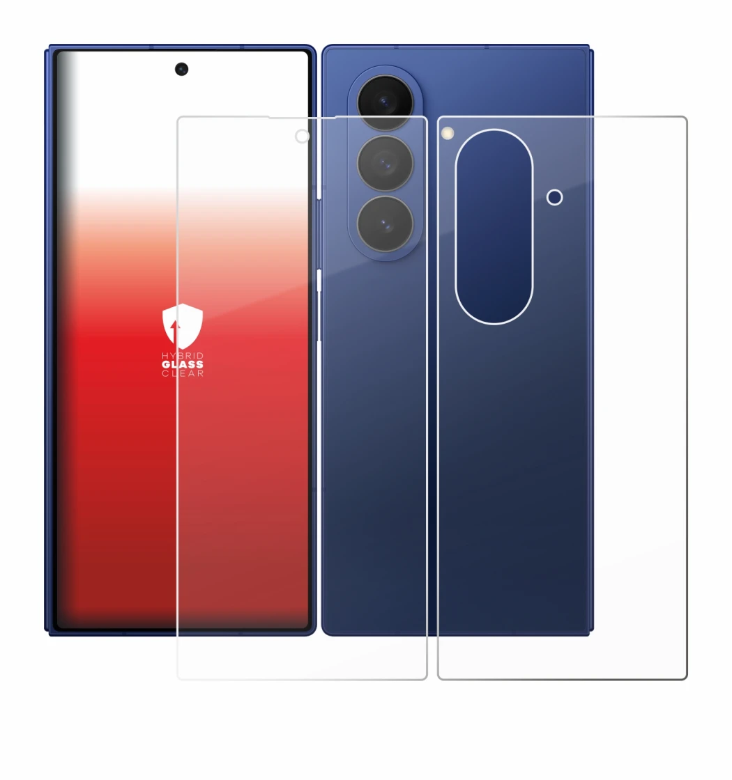 Abbildung des Geräts Samsung Galaxy Z Fold 7 (Display+Rückseite) mit einer Vielzahl des Displayschutzes.
