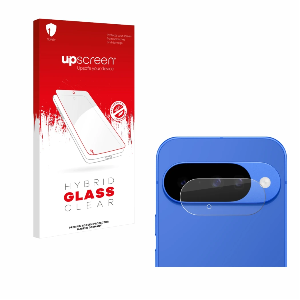 Vorderseite einer Produktverpackung mit dem Markenlogo upscreen. Daneben ist das Gerät Google Pixel 10 (NUR Kameraschutz) mit 