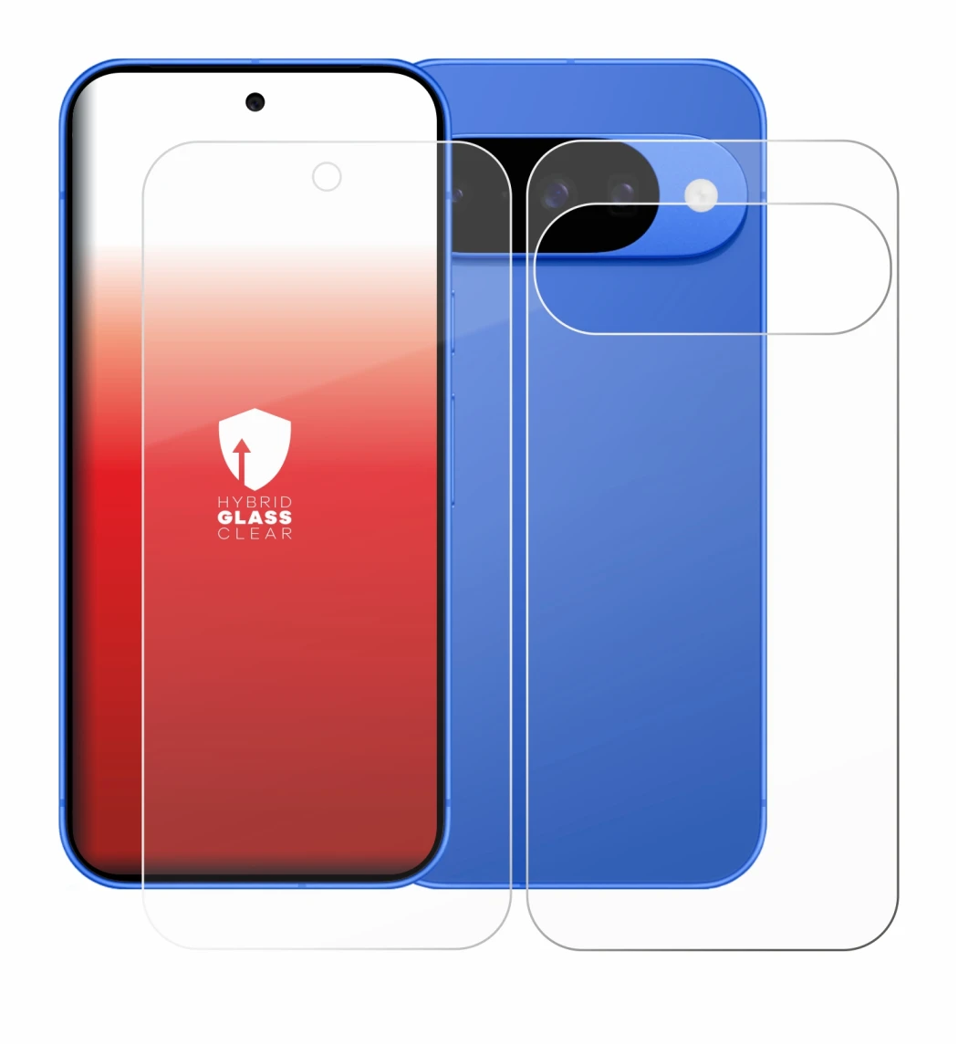 Abbildung des Geräts Google Pixel 10 (Display+Rückseite) mit einer Vielzahl des Displayschutzes.