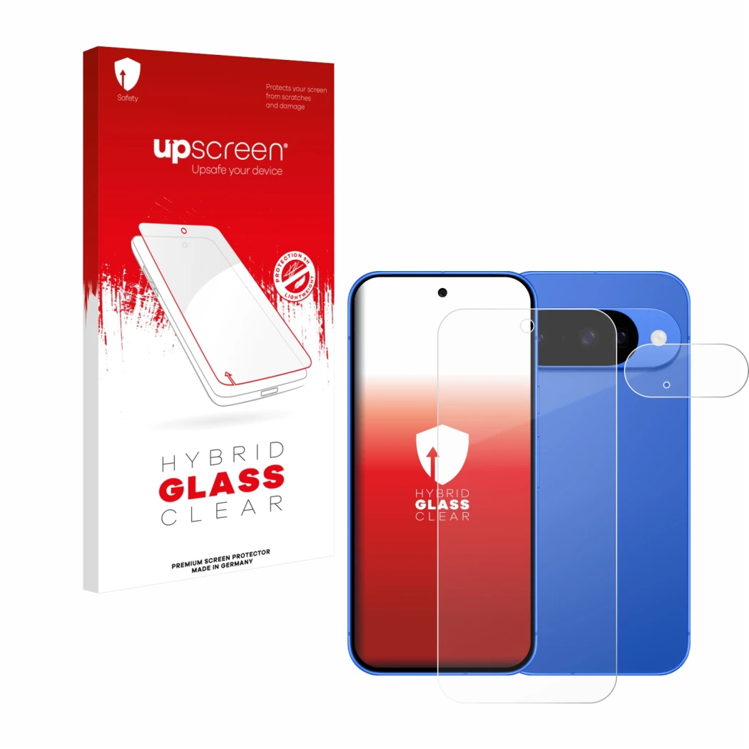 Vorderseite einer Produktverpackung mit dem Markenlogo upscreen. Daneben ist das Gerät Google Pixel 10 (Display+Kamera) mit de