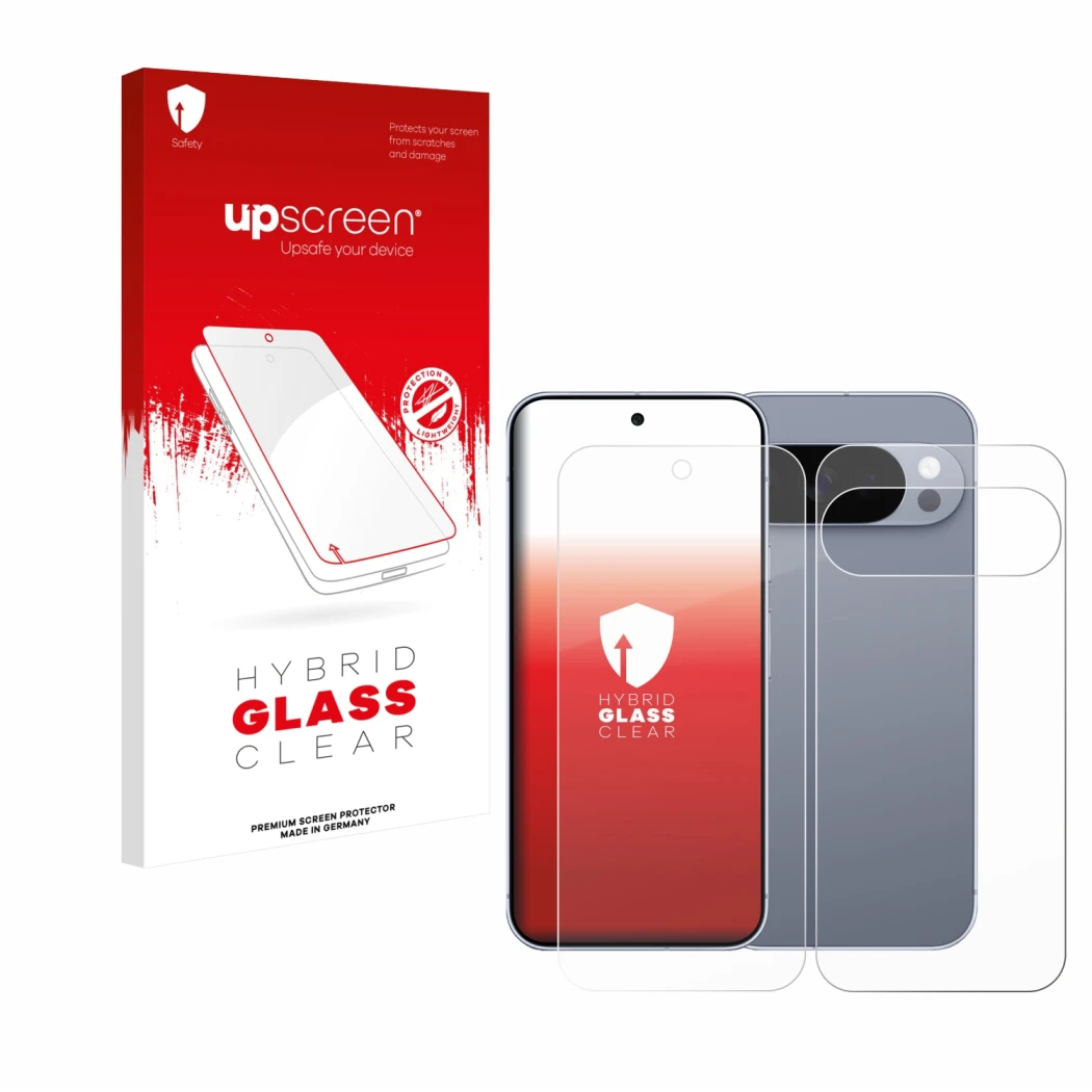 Vorderseite einer Produktverpackung mit dem Markenlogo upscreen. Daneben ist das Gerät Google Pixel 10 Pro (Display+Rückseite)