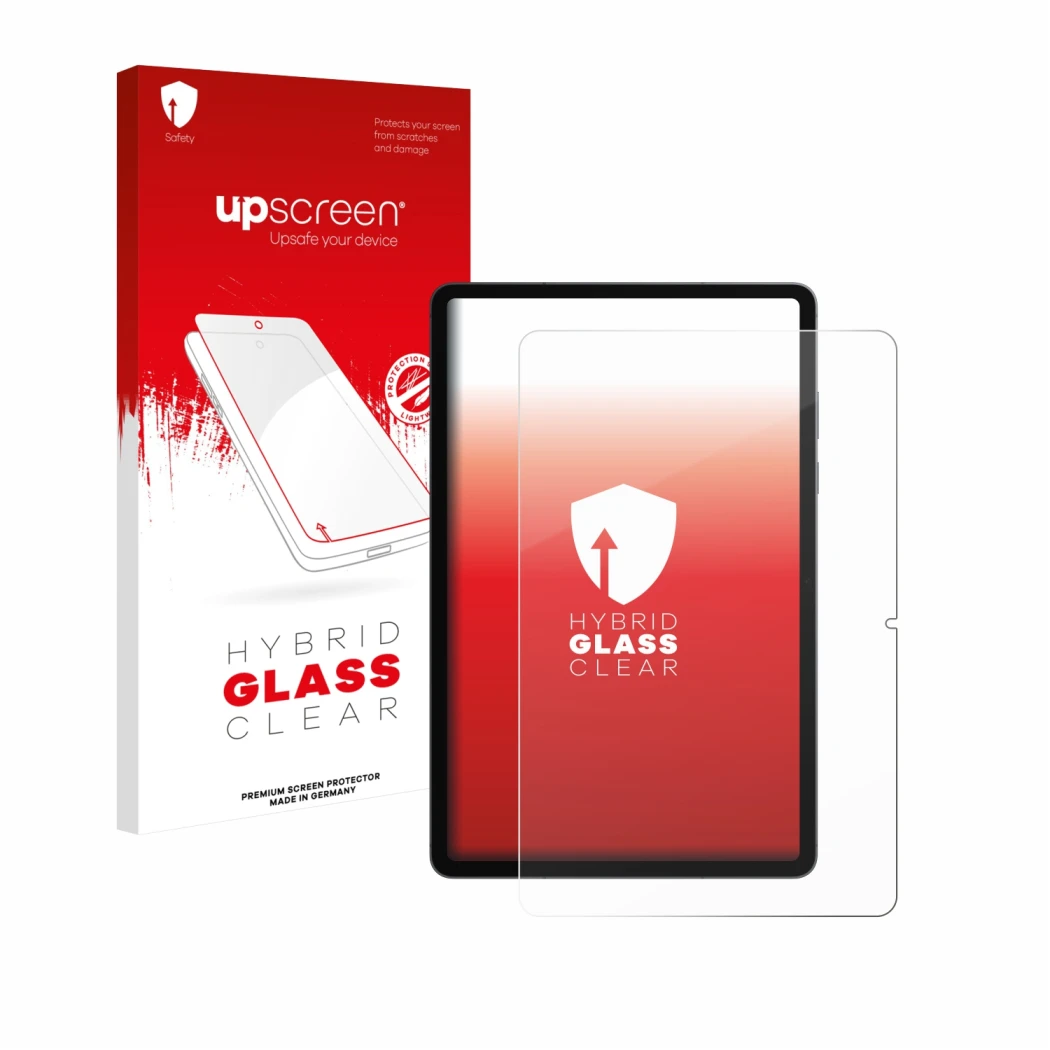 Vorderseite einer Produktverpackung mit dem Markenlogo upscreen. Daneben ist das Gerät Samsung Galaxy Tab S11 (Hochformat) mit