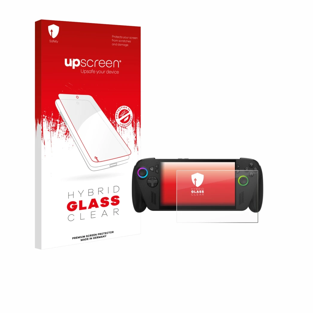 Vorderseite einer Produktverpackung mit dem Markenlogo upscreen. Daneben ist das Gerät ASUS ROG Ally X 2025 mit dem zugehörige