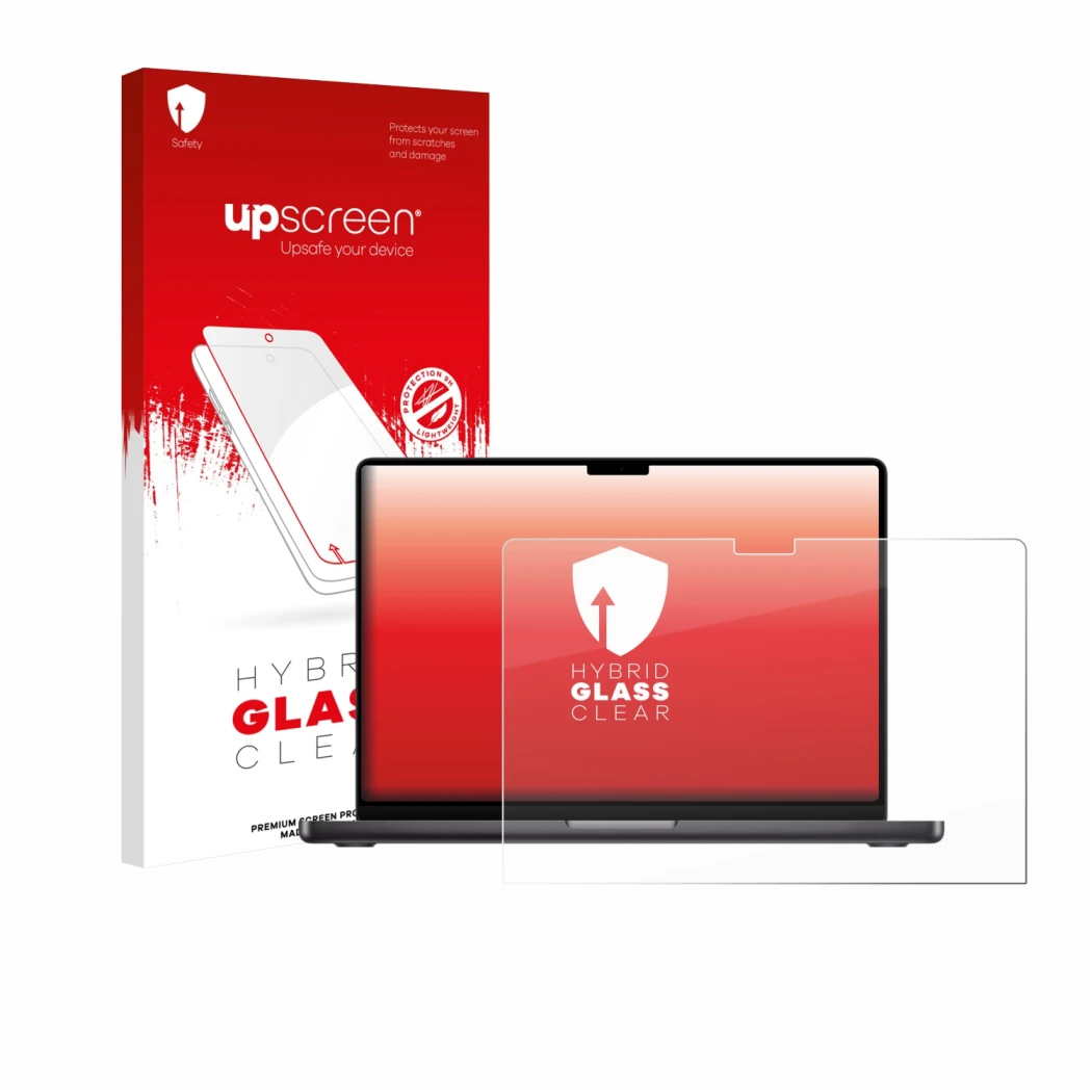 Vorderseite einer Produktverpackung mit dem Markenlogo upscreen. Daneben ist das Gerät Apple MacBook Pro 14