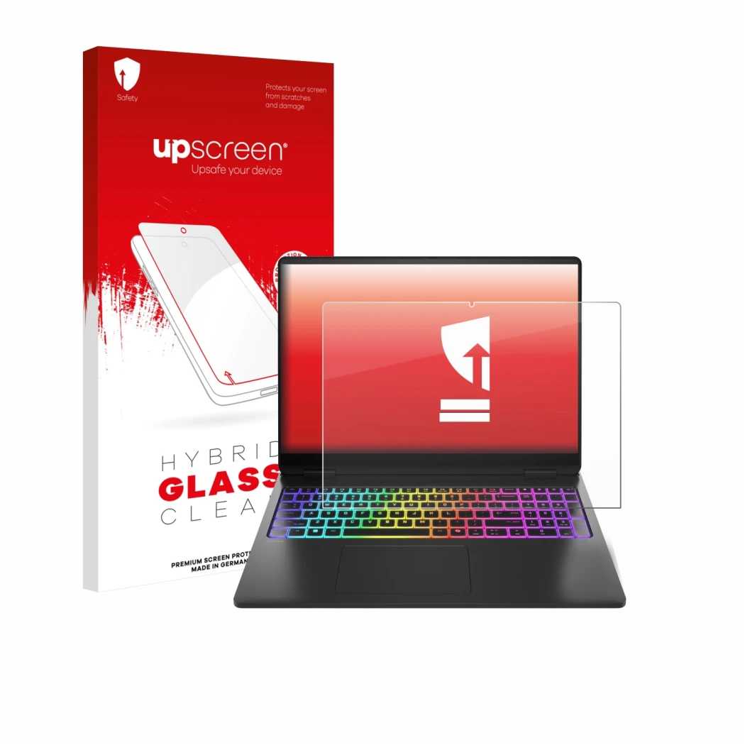 Vorderseite einer Produktverpackung mit dem Markenlogo upscreen. Daneben ist das Gerät HP Omen Max 16 mit dem zugehörigen Disp