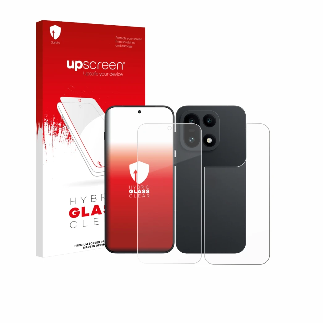Vorderseite einer Produktverpackung mit dem Markenlogo upscreen. Daneben ist das Gerät OnePlus 15 (Display+Rückseite) mit dem 