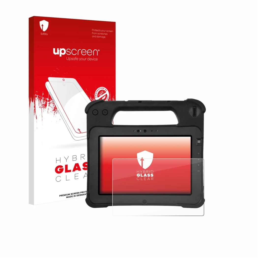 Vorderseite einer Produktverpackung mit dem Markenlogo upscreen. Daneben ist das Gerät Zebra XPad L10ax mit dem zugehörigen Di