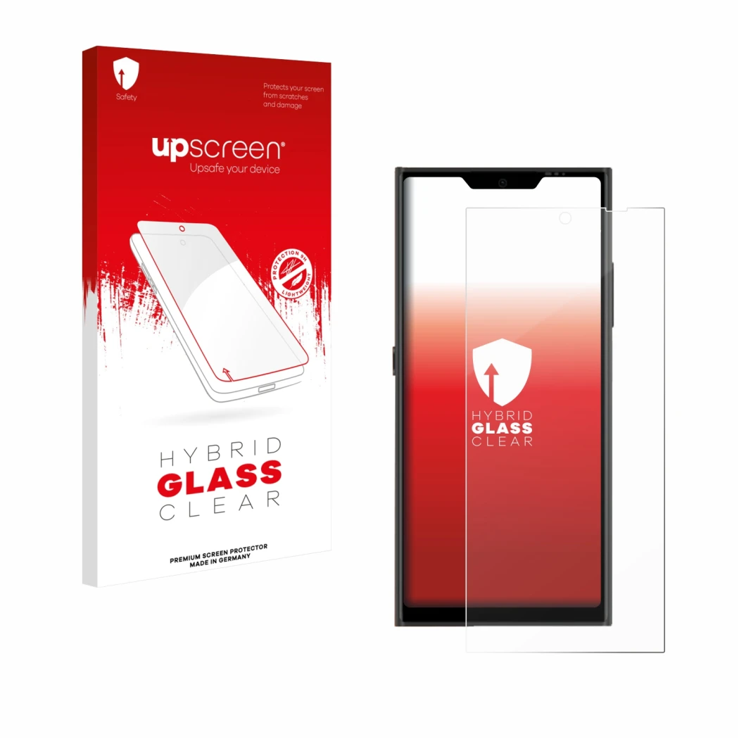 Vorderseite einer Produktverpackung mit dem Markenlogo upscreen. Daneben ist das Gerät Jolla Phone mit dem zugehörigen Display