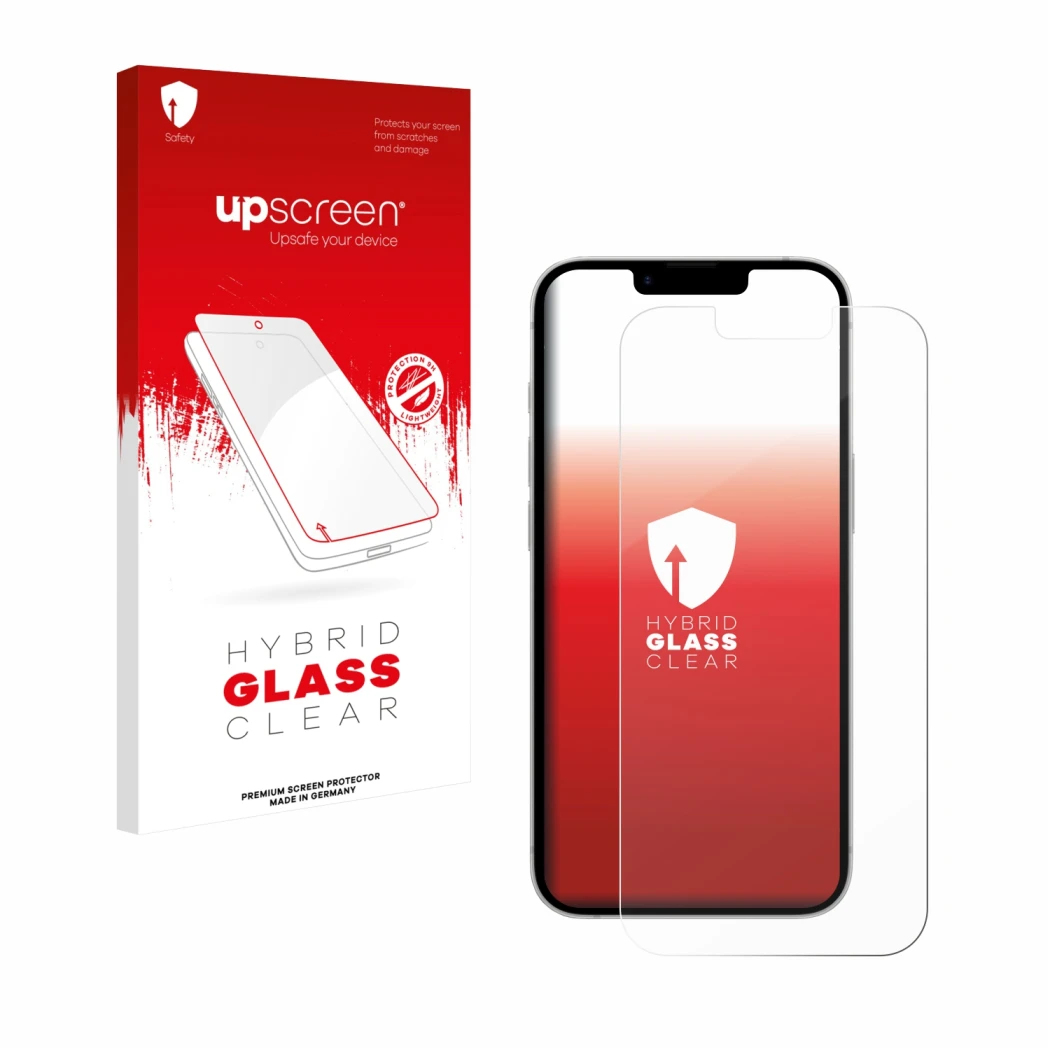 Vorderseite einer Produktverpackung mit dem Markenlogo upscreen. Daneben ist das Gerät Apple iPhone 17e mit dem zugehörigen Di