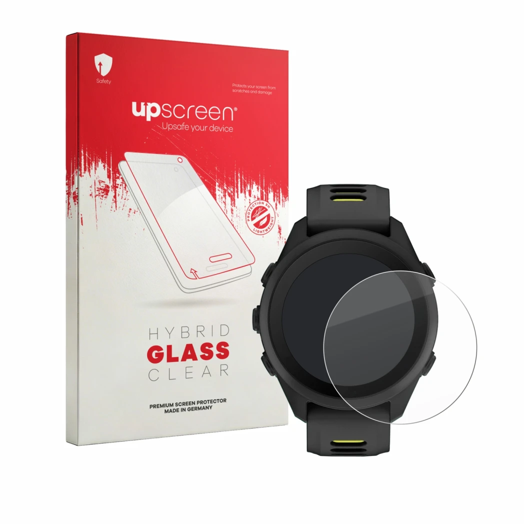 Vorderseite einer Produktverpackung mit dem Markenlogo upscreen. Daneben ist das Gerät Garmin Forerunner 170 mit dem zugehörig