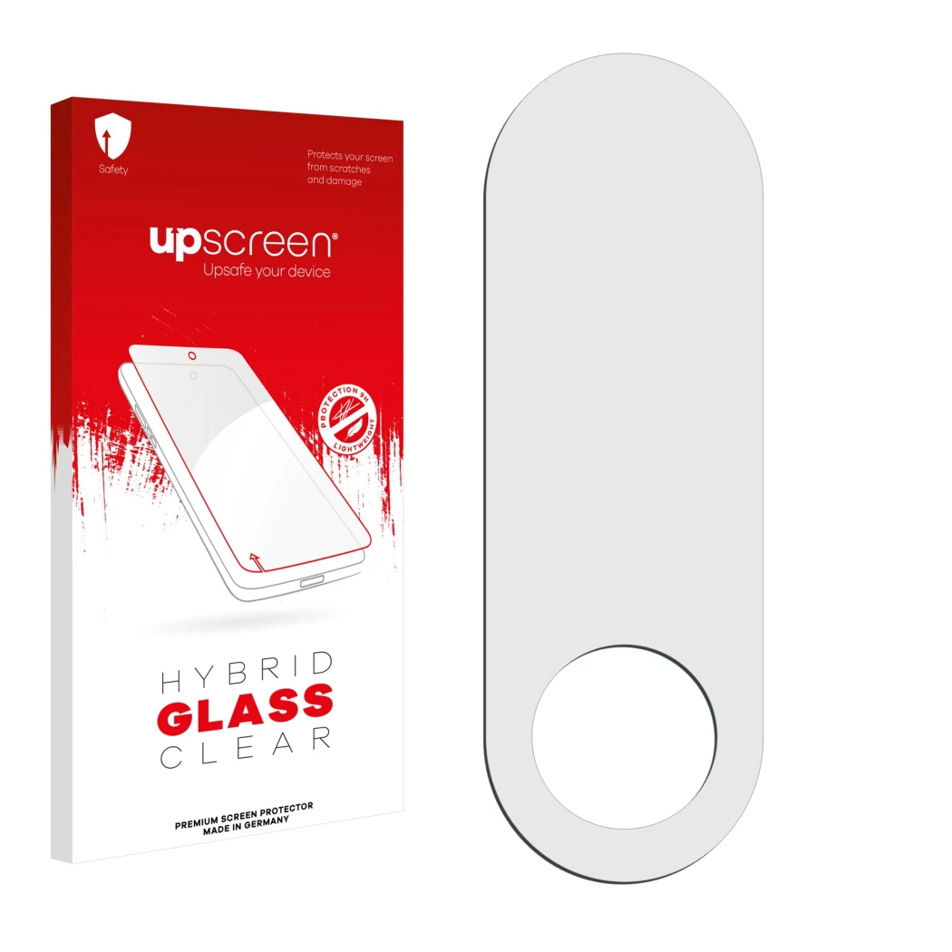 Vorderseite einer Produktverpackung mit dem Markenlogo upscreen. Daneben ist der zugehörige Displayschutz.