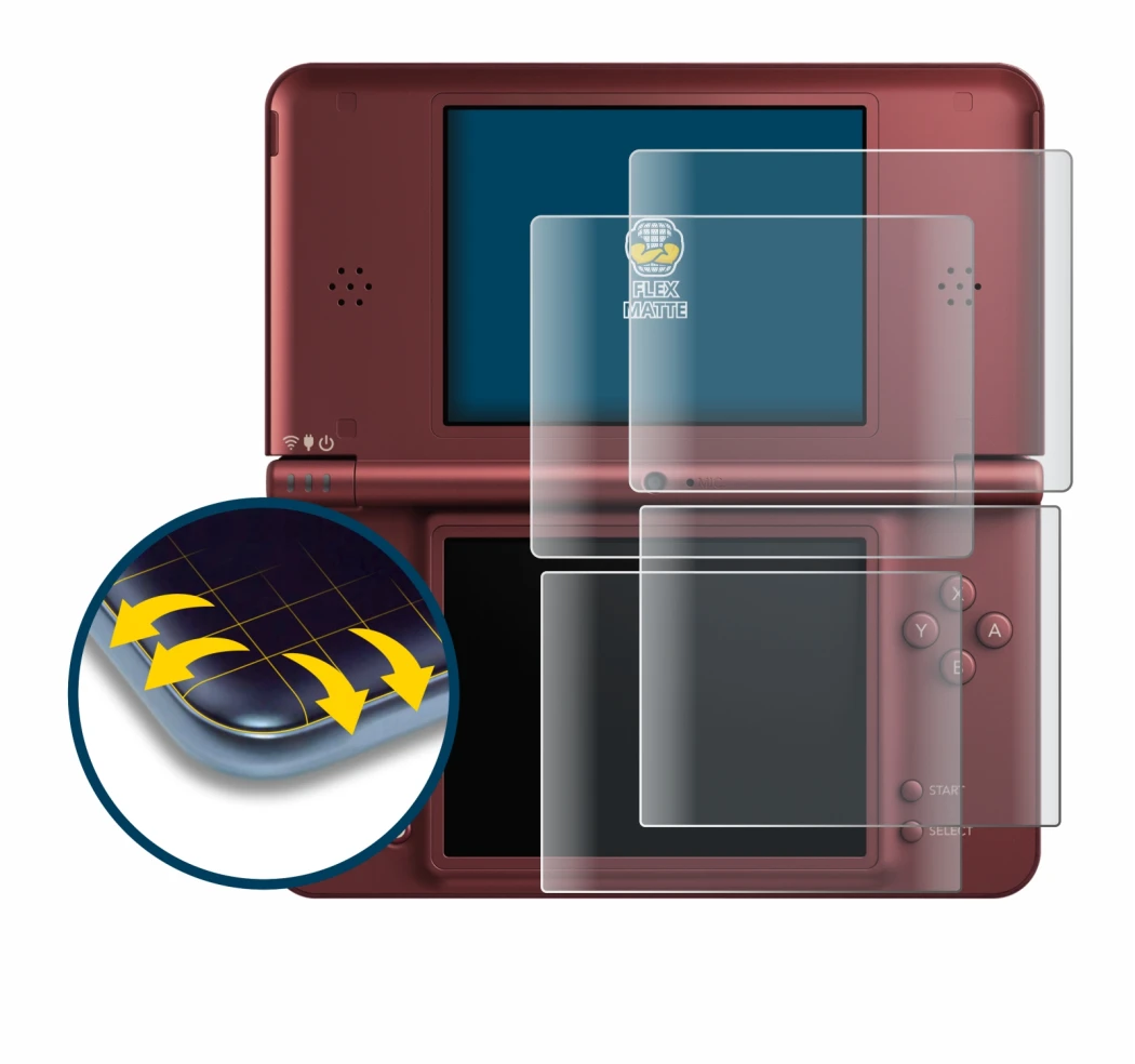 Abbildung des Geräts Nintendo DSi XL mit einer Vielzahl des Displayschutzes.