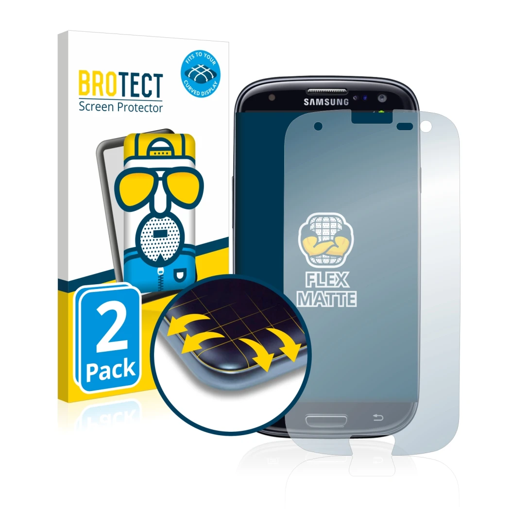 Vorderseite einer Produktverpackung mit dem Markenlogo BROTECT. Daneben ist das Gerät Samsung Galaxy S3 Neo I9300I mit dem zug