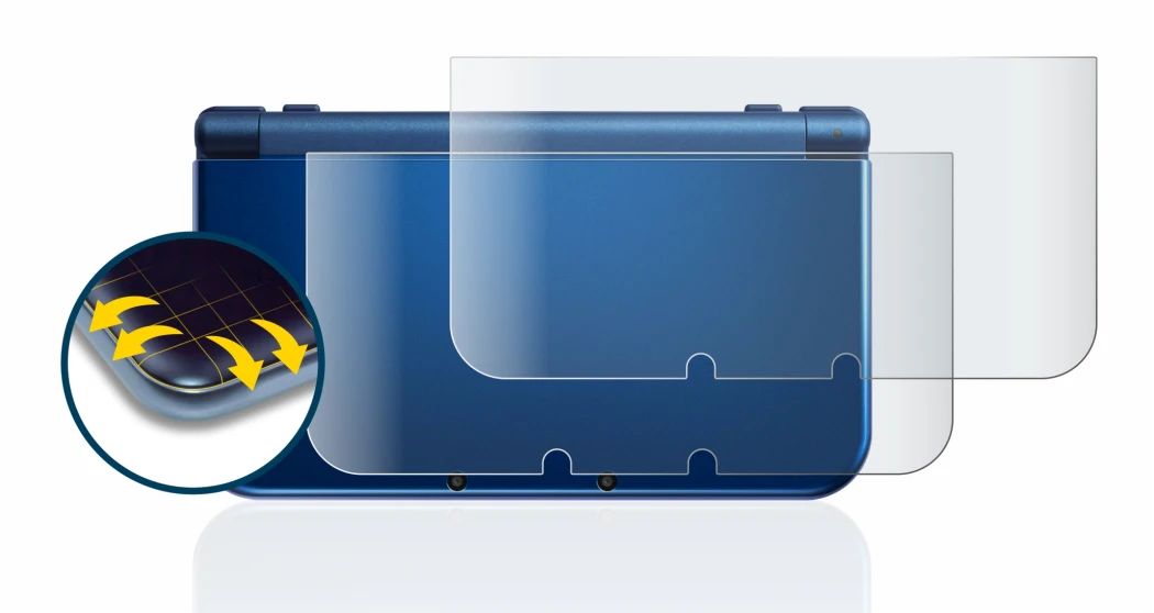 Abbildung des Geräts Nintendo New 3DS XL (Gehäuse) mit einer Vielzahl des Displayschutzes.