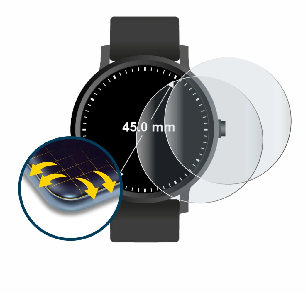 Abbildung des Geräts Armbanduhren (Kreisrund, ø: 45 mm) mit einer Vielzahl des Displayschutzes.