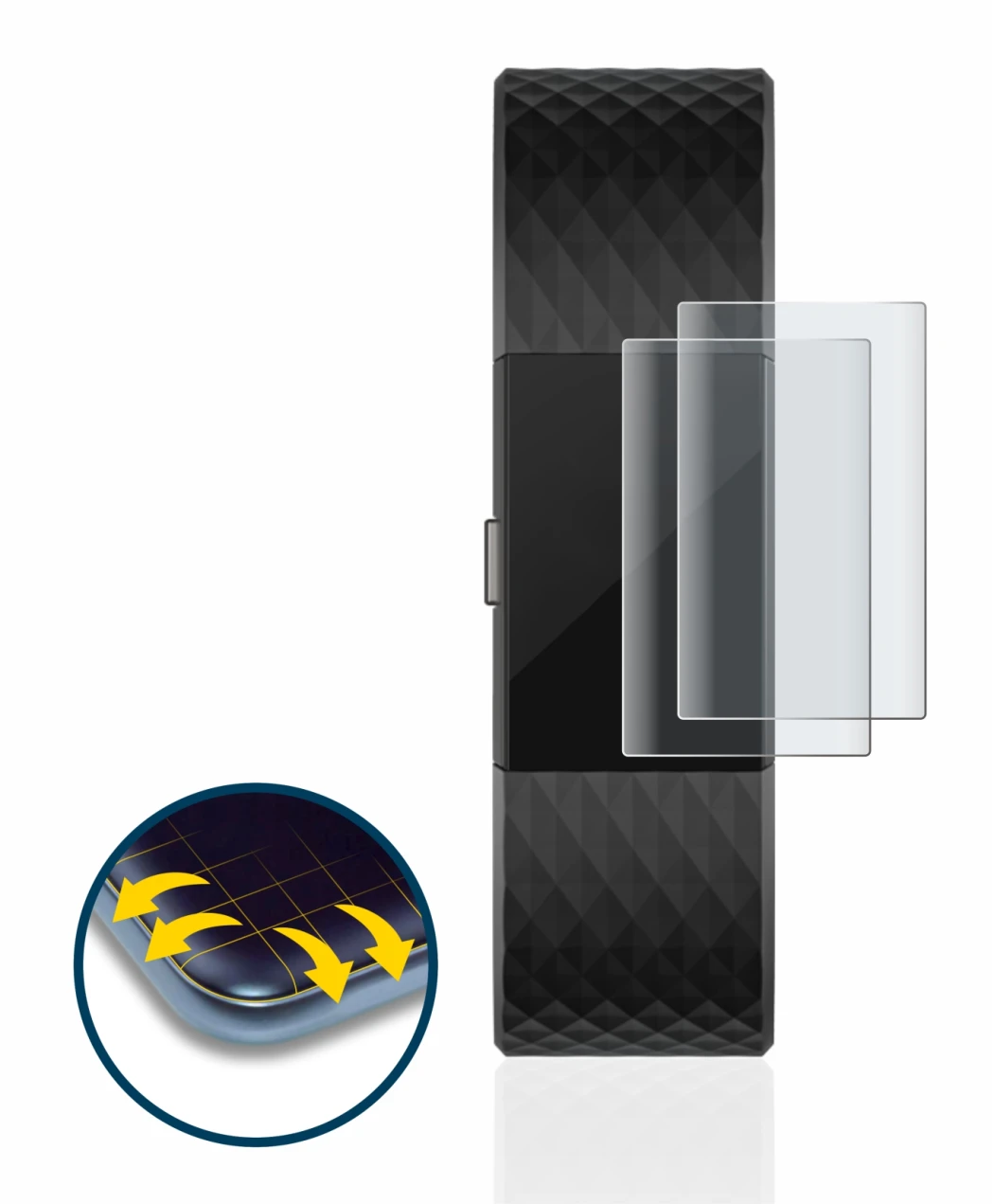 Abbildung des Geräts Fitbit Charge 2 mit einer Vielzahl des Displayschutzes.