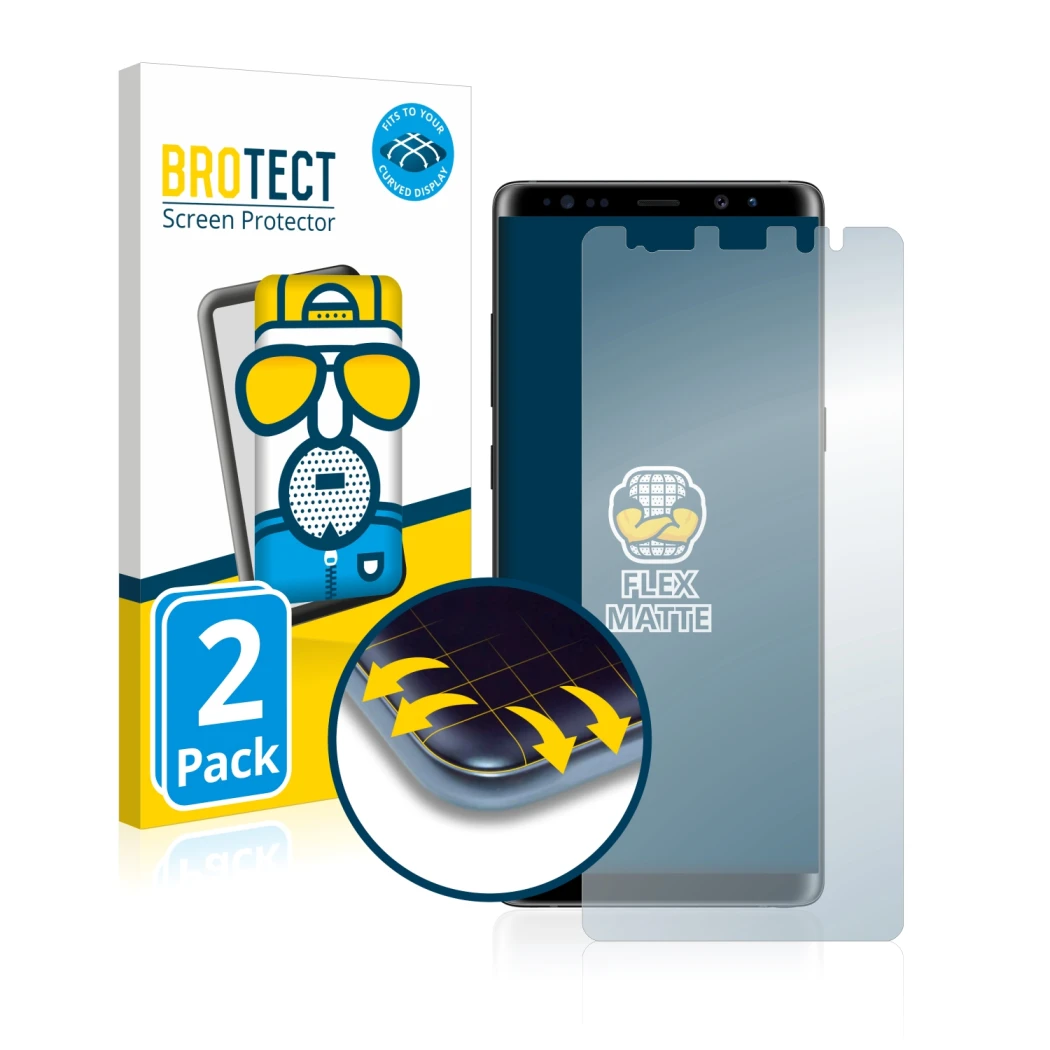 Vorderseite einer Produktverpackung mit dem Markenlogo BROTECT. Daneben ist das Gerät Samsung Galaxy Note 8 mit dem zugehörige