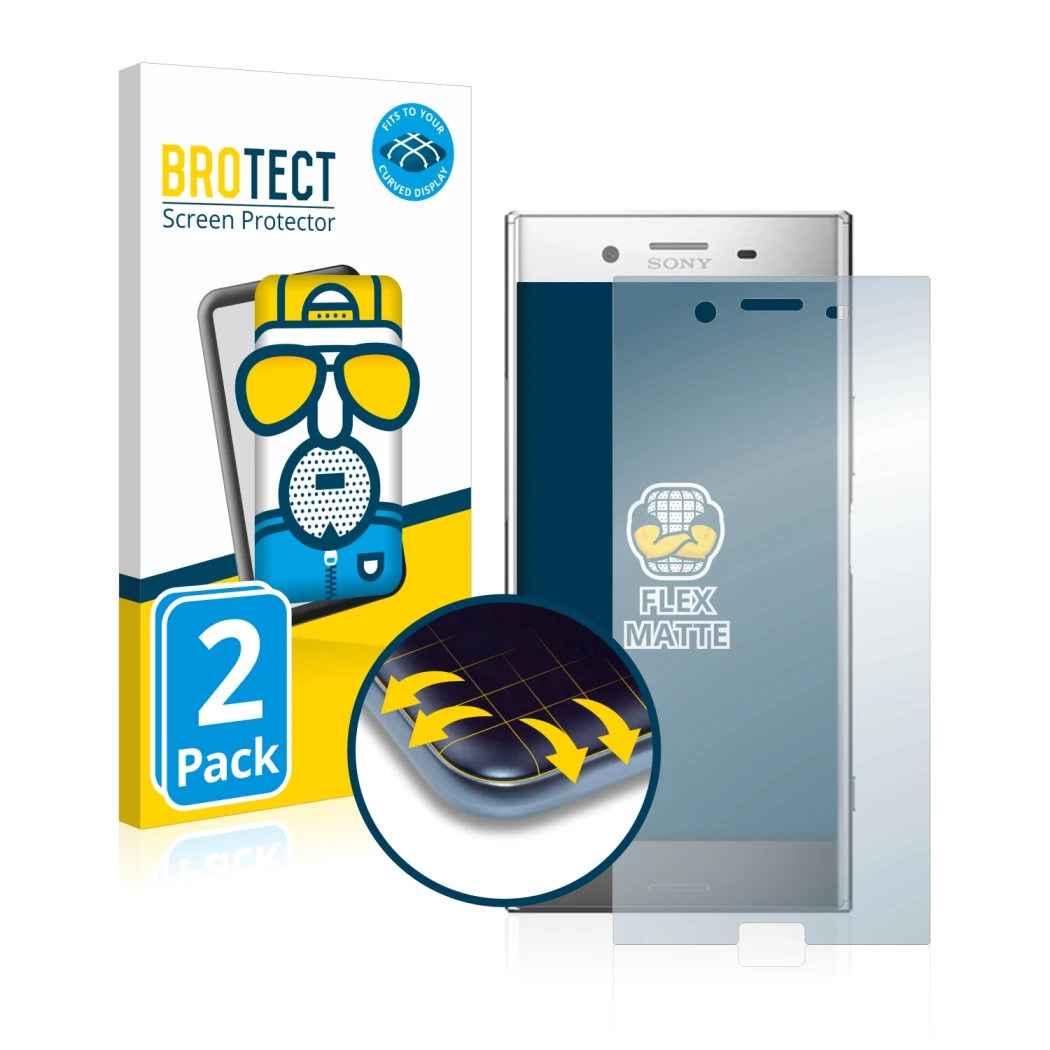 Vorderseite einer Produktverpackung mit dem Markenlogo BROTECT. Daneben ist das Gerät Sony Xperia XZ Premium mit dem zugehörig