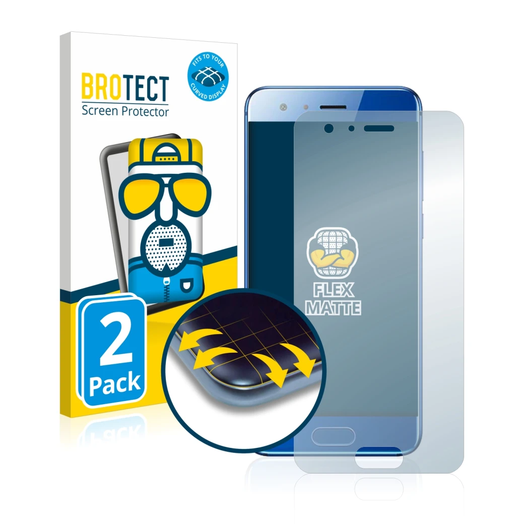 Vorderseite einer Produktverpackung mit dem Markenlogo BROTECT. Daneben ist das Gerät Honor 9 mit dem zugehörigen Displayschut
