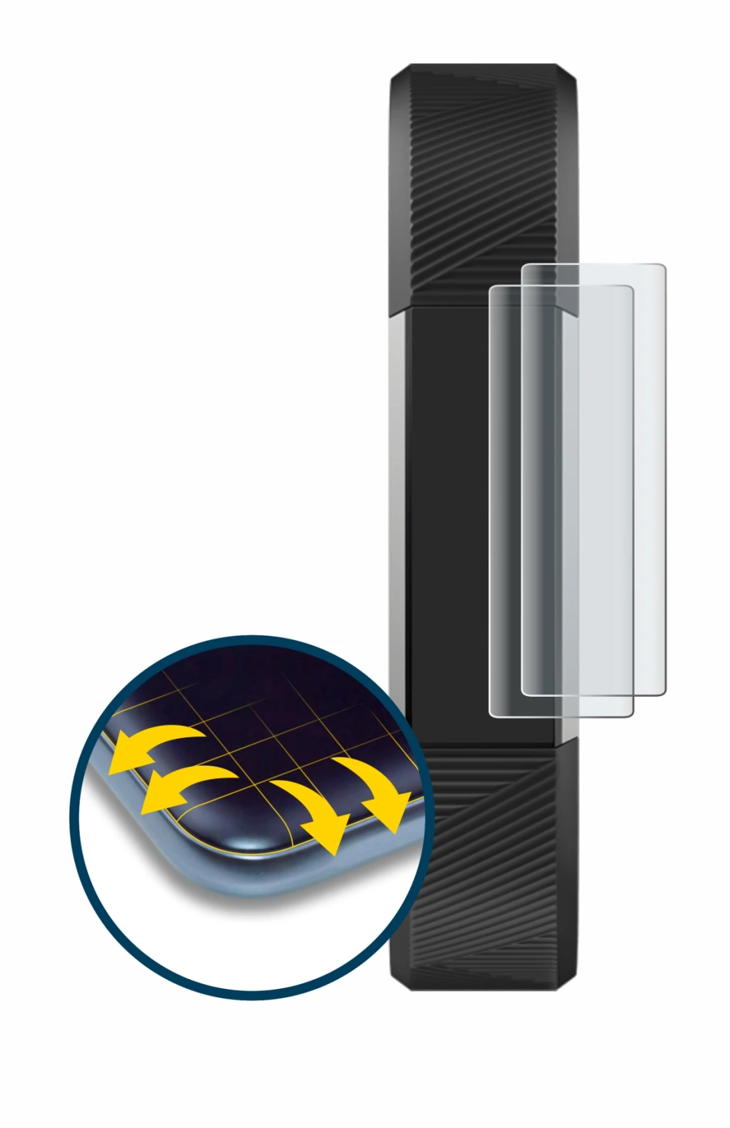 Abbildung des Geräts Fitbit Alta HR mit einer Vielzahl des Displayschutzes.