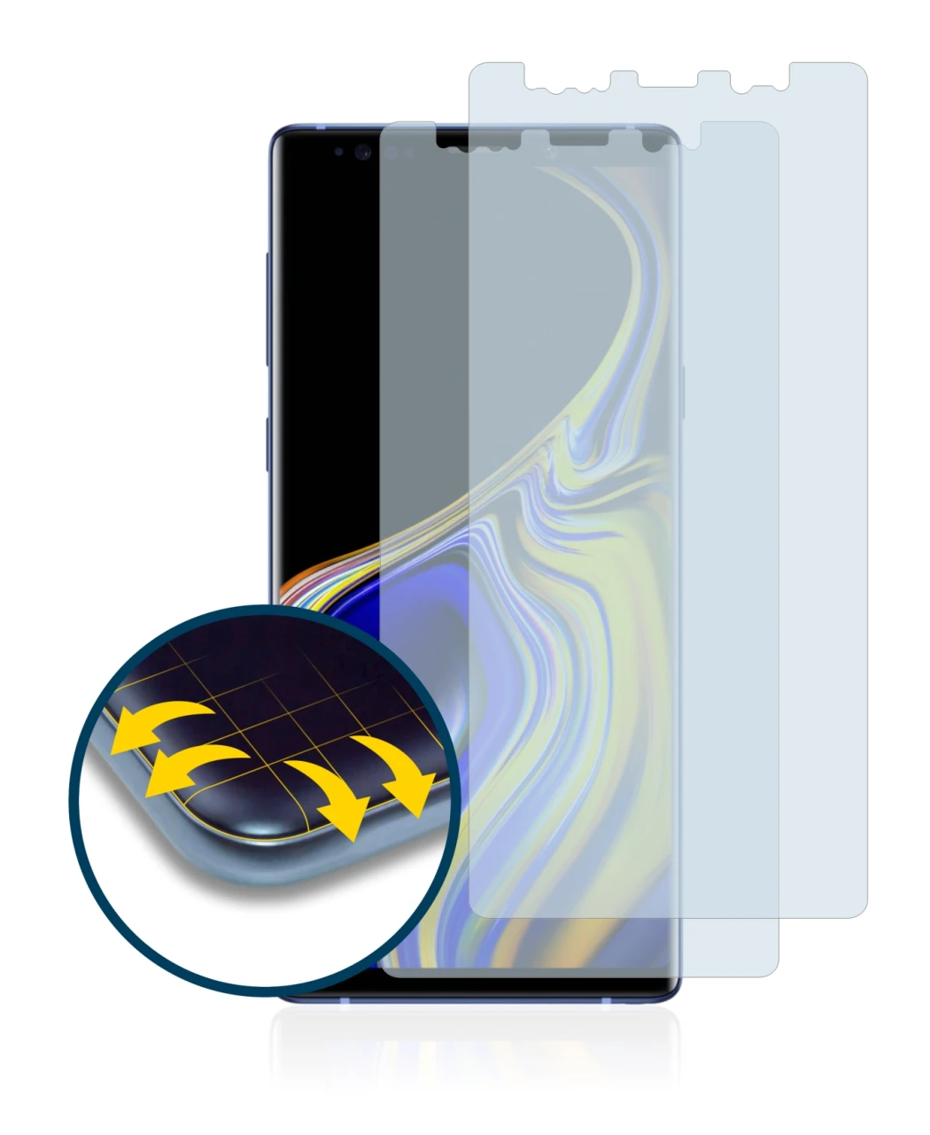 Abbildung des Geräts Samsung Galaxy Note 9 mit einer Vielzahl des Displayschutzes.