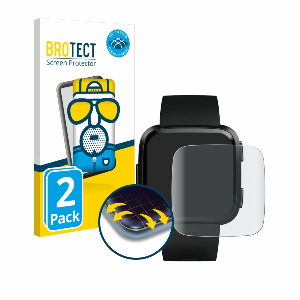 Vorderseite einer Produktverpackung mit dem Markenlogo BROTECT. Daneben ist das Gerät Fitbit Versa mit dem zugehörigen Display