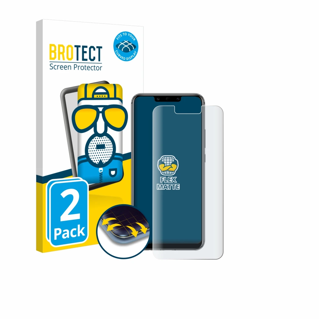 Vorderseite einer Produktverpackung mit dem Markenlogo BROTECT. Daneben ist das Gerät Huawei Mate 20 lite mit dem zugehörigen 