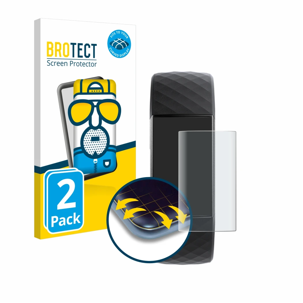 Vorderseite einer Produktverpackung mit dem Markenlogo BROTECT. Daneben ist das Gerät Fitbit Charge 3 mit dem zugehörigen Disp