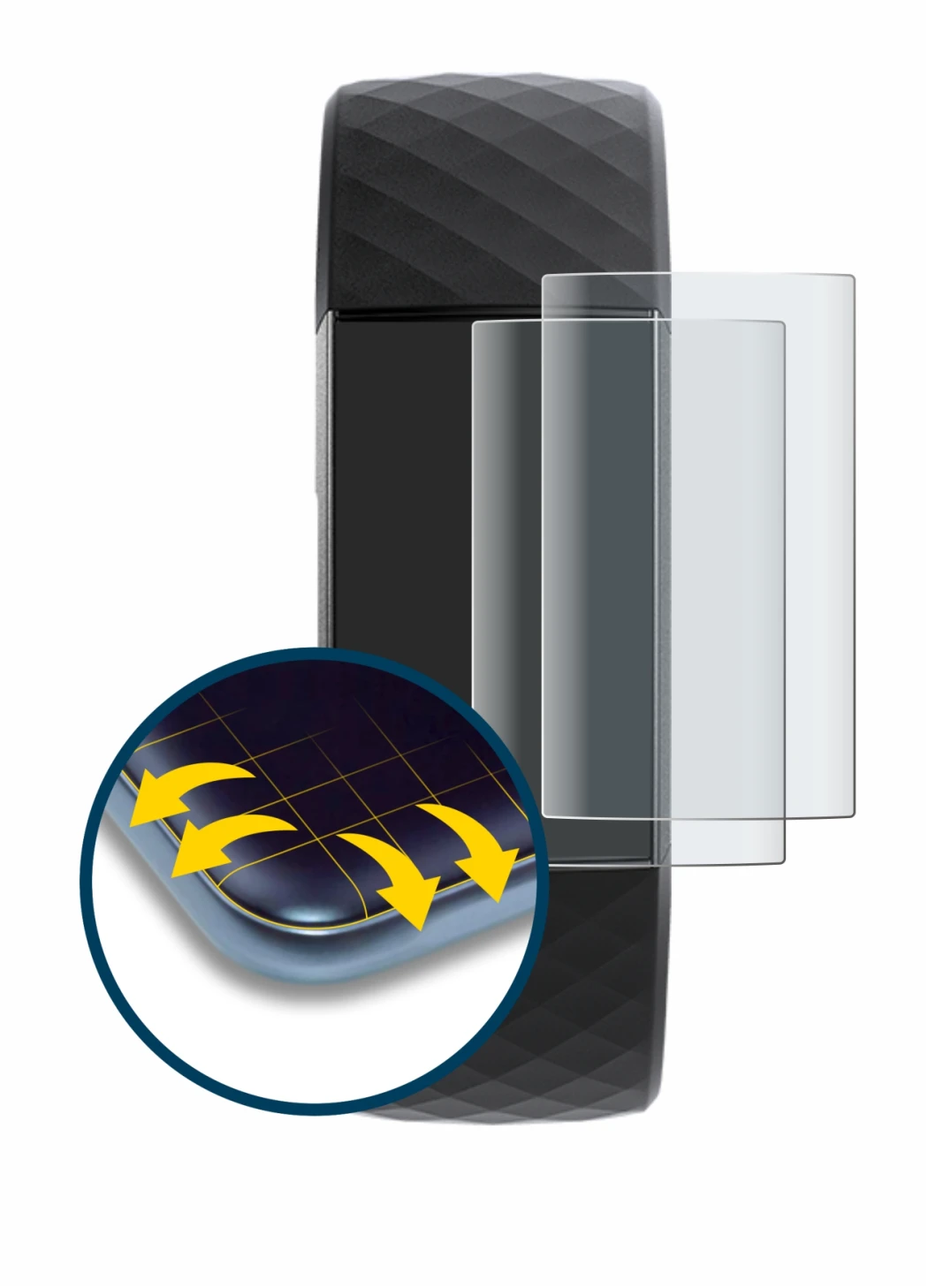 Abbildung des Geräts Fitbit Charge 3 mit einer Vielzahl des Displayschutzes.