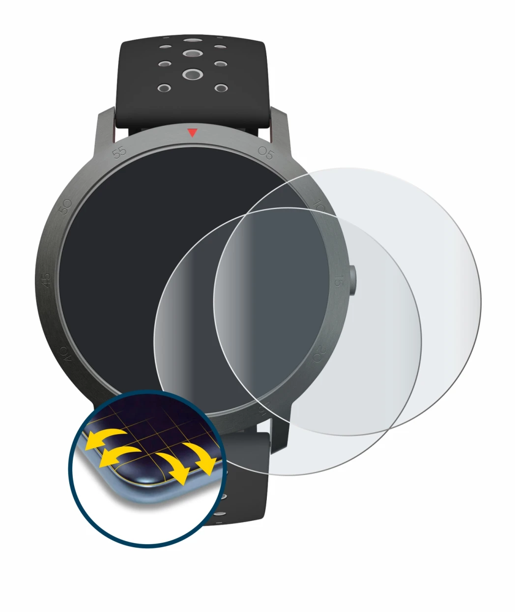 Abbildung des Geräts Withings Steel HR Sport (40 mm) mit einer Vielzahl des Displayschutzes.