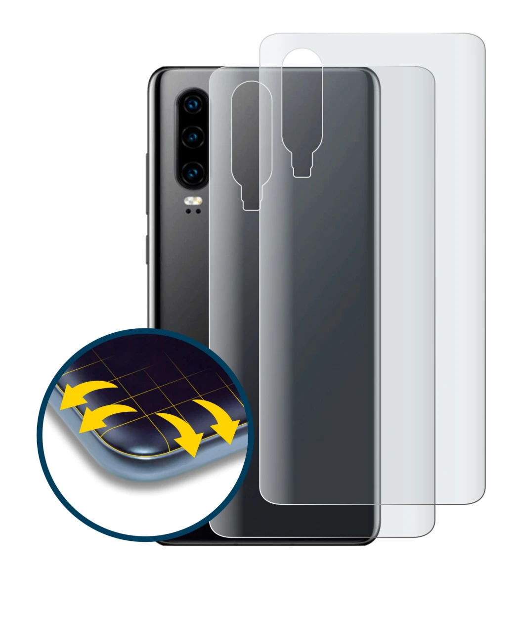 Abbildung des Geräts Huawei P30 (Rückseite) mit einer Vielzahl des Displayschutzes.