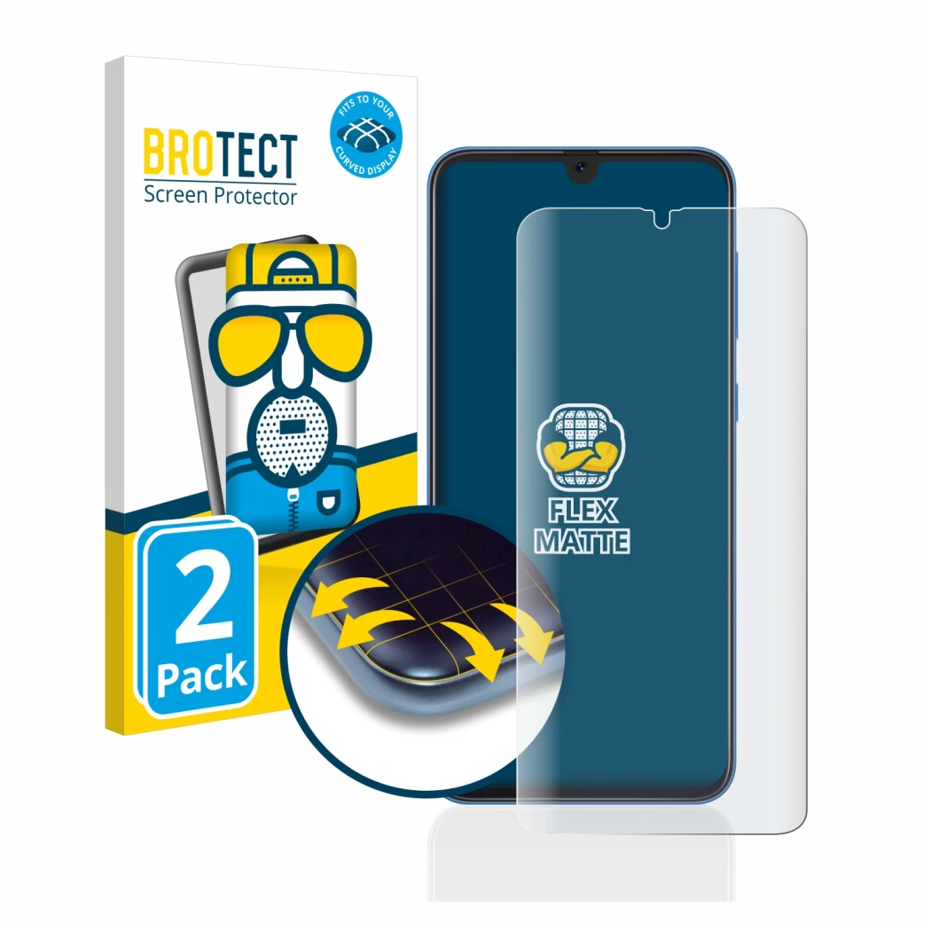 Vorderseite einer Produktverpackung mit dem Markenlogo BROTECT. Daneben ist das Gerät Samsung Galaxy A50 mit dem zugehörigen D