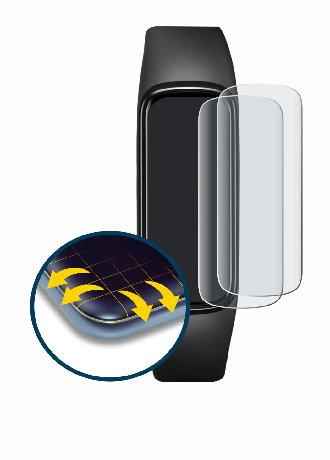 Abbildung des Geräts Samsung Galaxy Fit e mit einer Vielzahl des Displayschutzes.